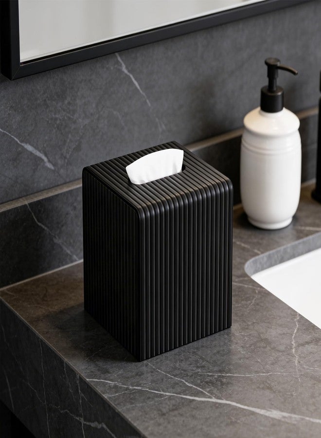 LADSTAG Black Tissue Box Cover, Square Modern Facial PU Leather Tissue Holder Napkin Dispenser Accessories for Bathroom Vanity Countertop,Bedroom Dresser,Night Stand,Desk,Office - Image 2