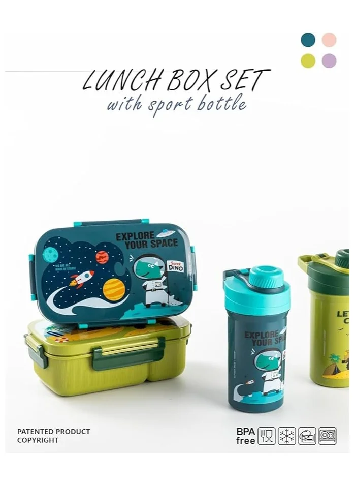 Mobcos Cartoon Students Lunch Box with Water Bottle Set Adults Double Layer Work Lunch Box with Fork 1800ml and Drink Cup 500ml (Green)