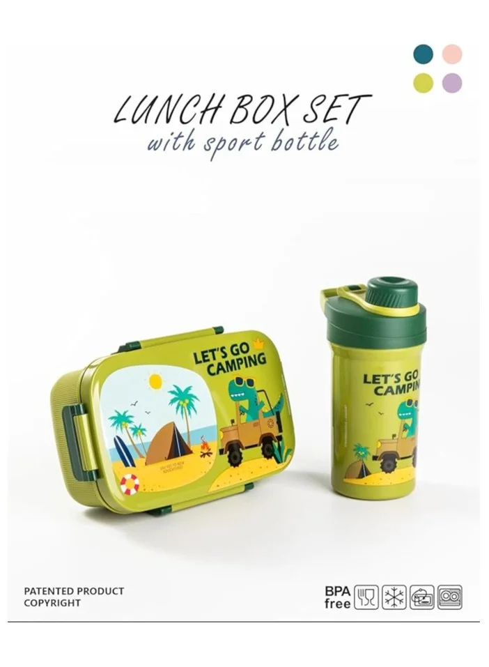 Mobcos Cartoon Students Lunch Box with Water Bottle Set Adults Double Layer Work Lunch Box with Fork 1800ml and Drink Cup 500ml (Green)