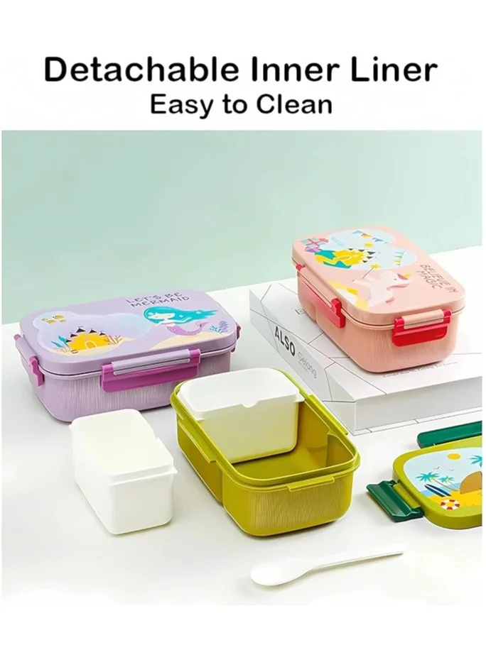 Mobcos Cartoon Students Lunch Box with Water Bottle Set Adults Double Layer Work Lunch Box with Fork 1800ml and Drink Cup 500ml (Green)