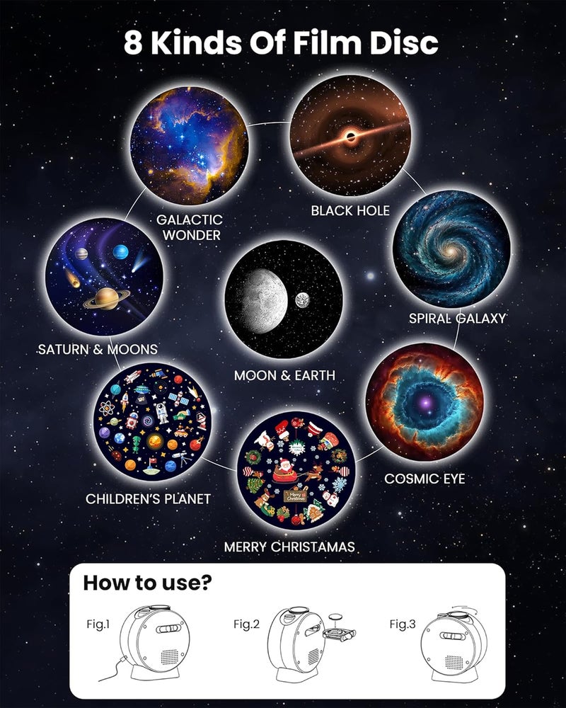 MERTTURM Planetarium Projector, Galaxy Star Projector for Bedroom, HD Replaceable 8 Film Discs & Adjustable Focus Lens Night Light Projector, Timed Ceiling Light with Bluetooth Speaker & White Noise - Image 2