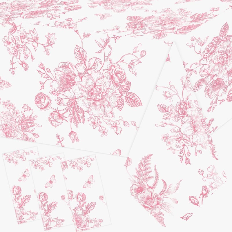 ILUIGGW 3Pcs Pink Floral Tablecloth, 52 x 87 Inch Vintage Flower Table Cover, Rectangle Floral Table Cover, Pink and White Porcelain Tablecloth for Spring Tea Wedding Shower Birthday Party - Image 1