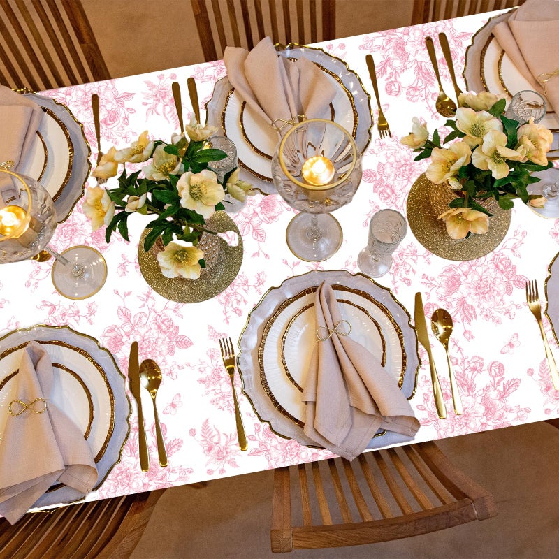 ILUIGGW 3Pcs Pink Floral Tablecloth, 52 x 87 Inch Vintage Flower Table Cover, Rectangle Floral Table Cover, Pink and White Porcelain Tablecloth for Spring Tea Wedding Shower Birthday Party - Image 2