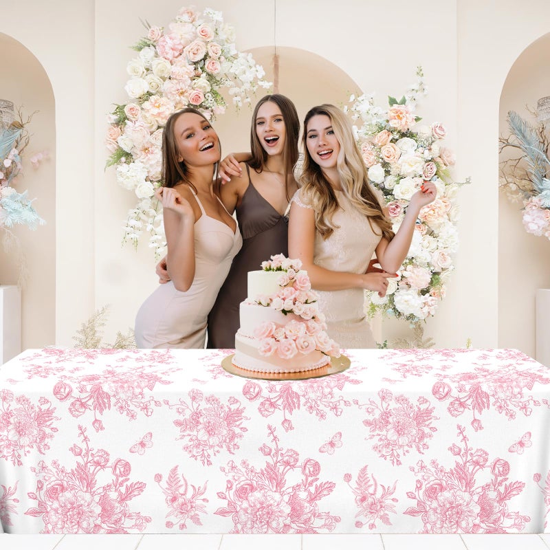 ILUIGGW 3Pcs Pink Floral Tablecloth, 52 x 87 Inch Vintage Flower Table Cover, Rectangle Floral Table Cover, Pink and White Porcelain Tablecloth for Spring Tea Wedding Shower Birthday Party - Image 5