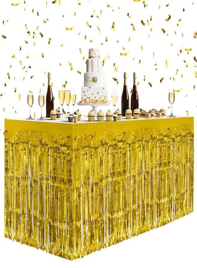 Watch Me Fly 2 Pack Gold Table Skirts, 29x108" Metallic Foil Tinsel Fringe Table Skirts for Rectangle Tables Streamer Curtains Backdrop, Party Decorations for Birthdays Weddings Holidays - Image 1