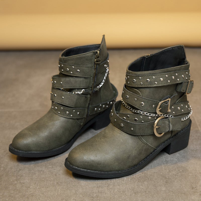 2023 Short Boots Thick Heel Plus Size Belt Buckle Short Boots Rivet Fashion Boots - Image 4