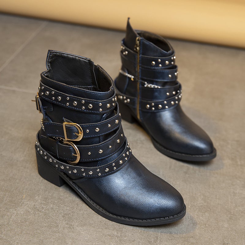 2023 Short Boots Thick Heel Plus Size Belt Buckle Short Boots Rivet Fashion Boots - Image 3