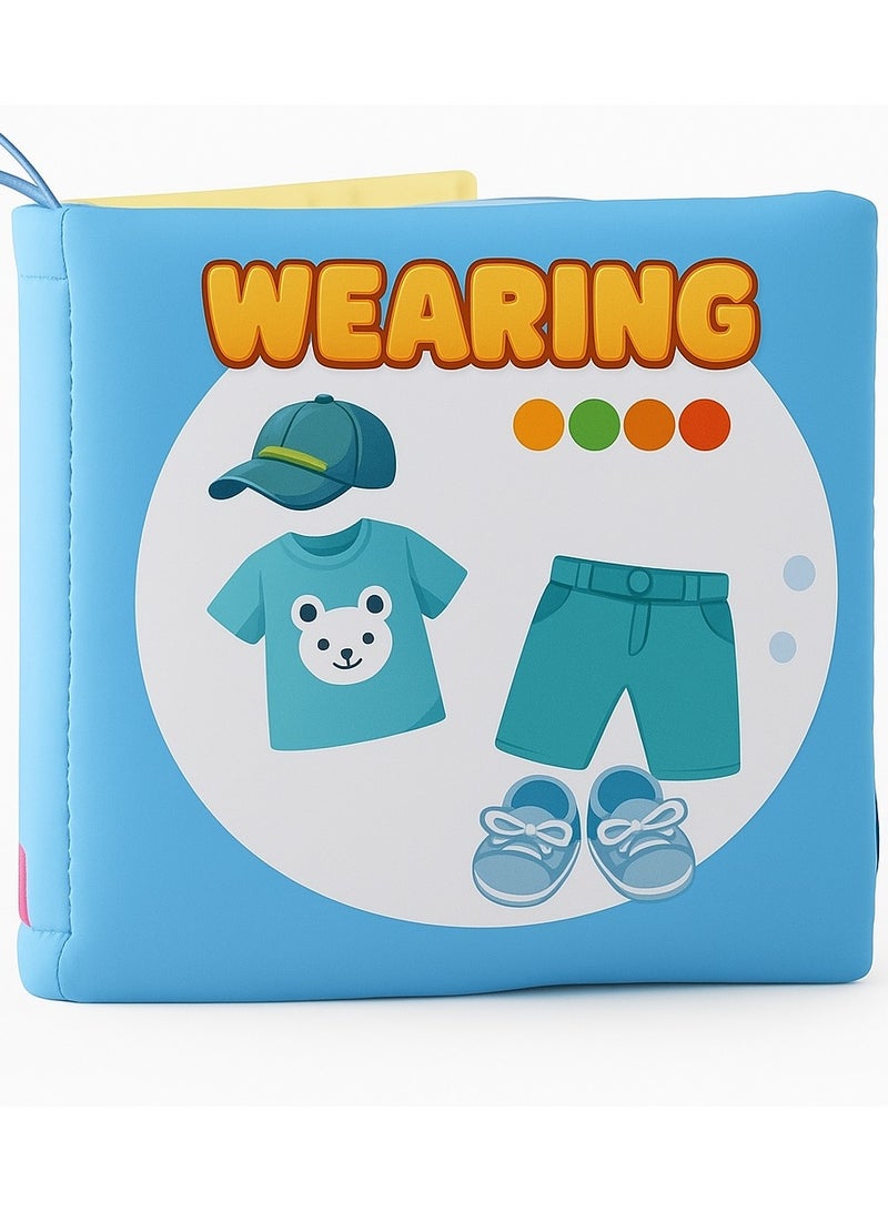 Baby Three Dimensional Early Education Color Soft Cloth Book 4 Sides 8 Washable Pages for Age 6+ months Toddlers Touch Feel, Montessori Learning Toys for Boys & Girls (Wearing Theme)  - Image 1