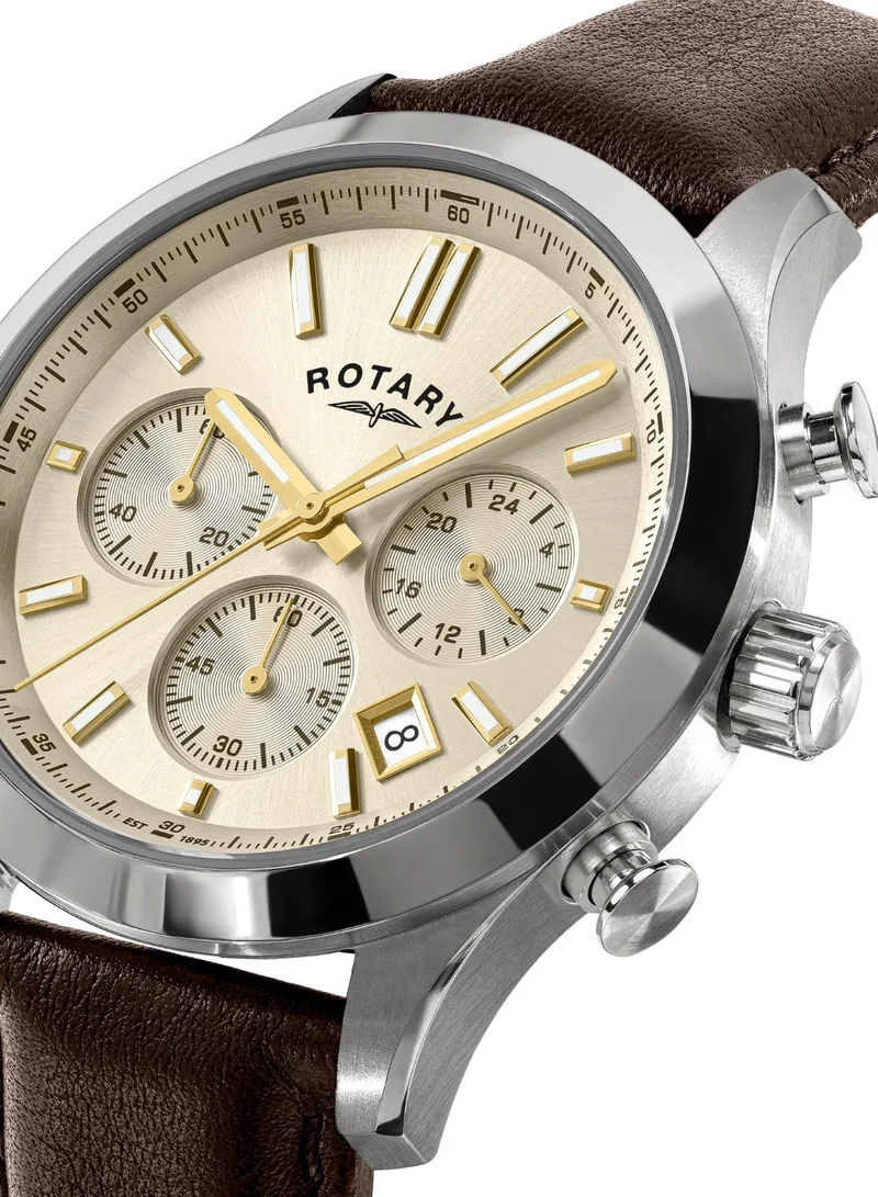 Rotary Men's Heritage Chronograph Watch, 40 mm, Champagne Dial, Brown Leather Strap