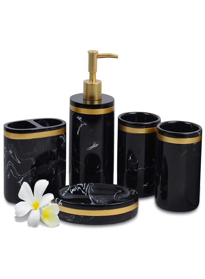 Jung Ford 5-Piece Bathroom Counter Top Accessory Set - Dispenser for Liquid Soap or Lotion, Soap Dish, 2 Tumblers and Toothbrush Holder, Marble Pattern Resin (Classic Black) - Image 1