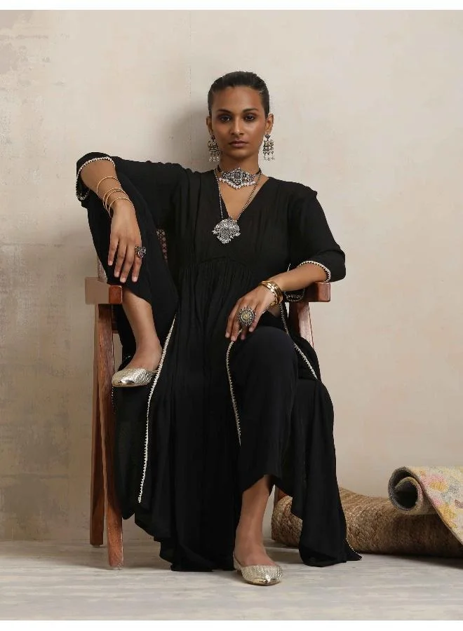 trueBrowns Black Crinkle Anarkali Flared Kurta Set