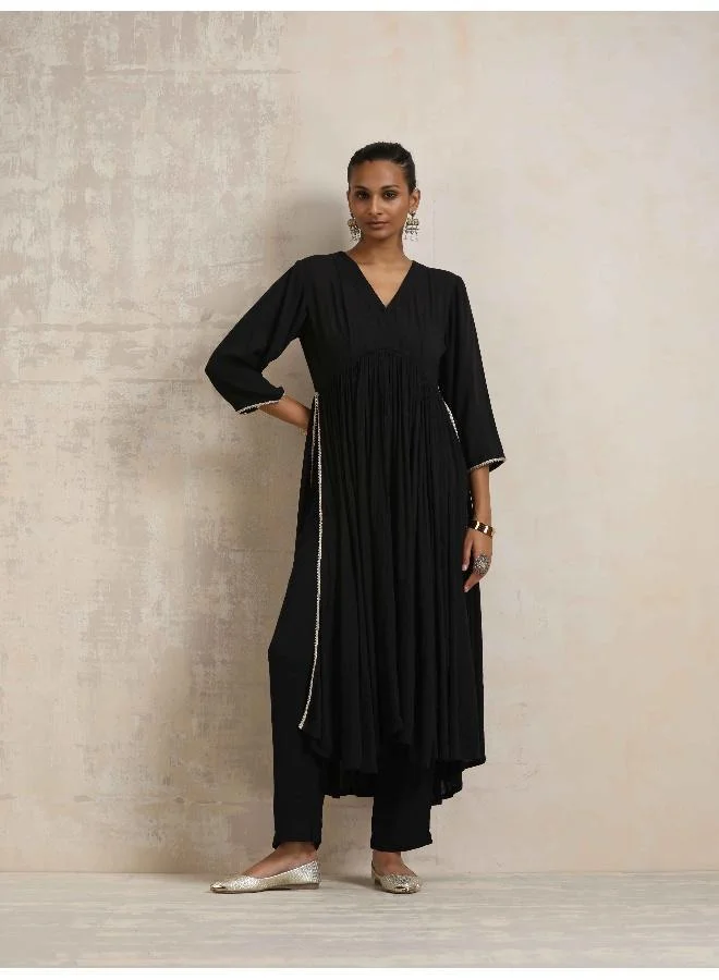trueBrowns Black Crinkle Anarkali Flared Kurta Set