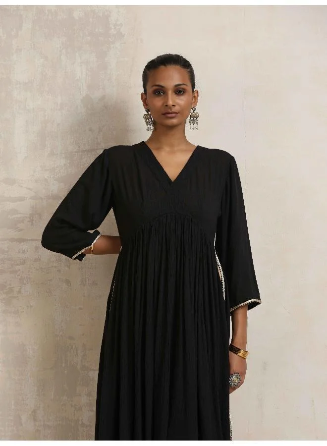 trueBrowns Black Crinkle Anarkali Flared Kurta Set