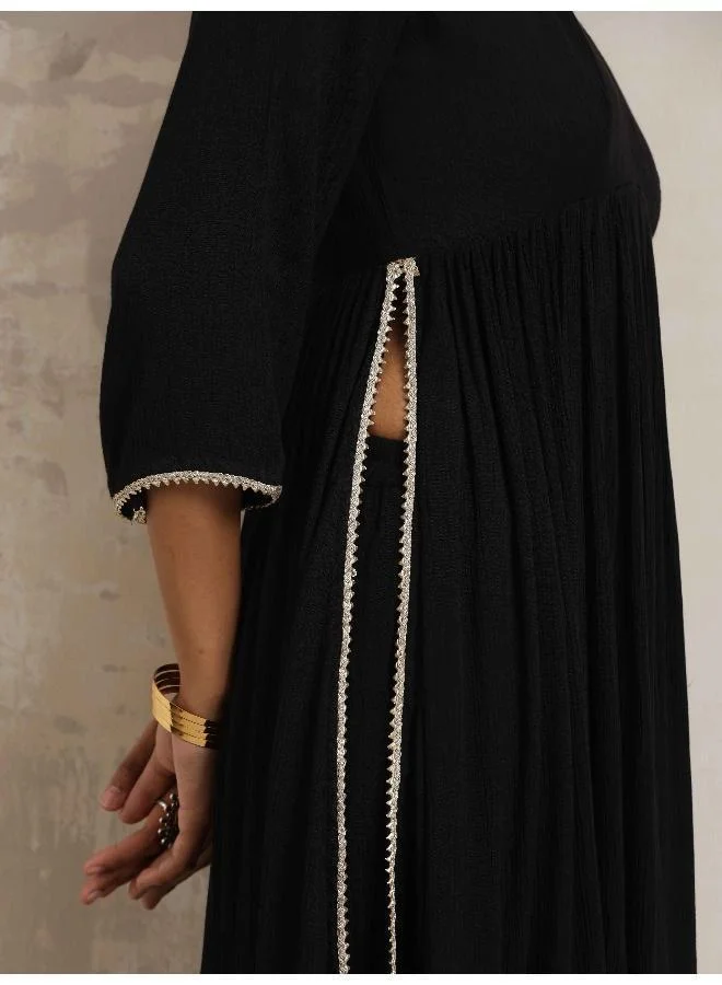 trueBrowns Black Crinkle Anarkali Flared Kurta Set