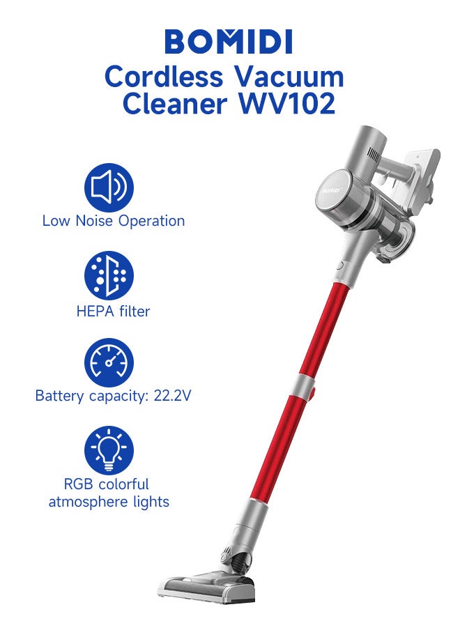 BOMIDI Cordless Stick & Handheld Vacuum Cleaner | RGB Intelligent Lighting | 99.98% Filtration | 45-Min Battery Life | 800mL Transparent Dust Cup | Ultra-Quiet | Powerful Suction | Multi-Surface Brush Heads | WV102-GOLD RED  - Image 3