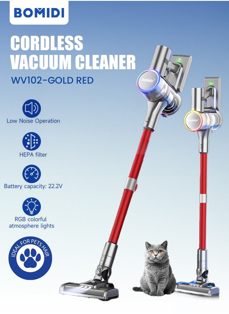 BOMIDI Cordless Stick & Handheld Vacuum Cleaner | RGB Intelligent Lighting | 99.98% Filtration | 45-Min Battery Life | 800mL Transparent Dust Cup | Ultra-Quiet | Powerful Suction | Multi-Surface Brush Heads | WV102-GOLD RED  - Image 1