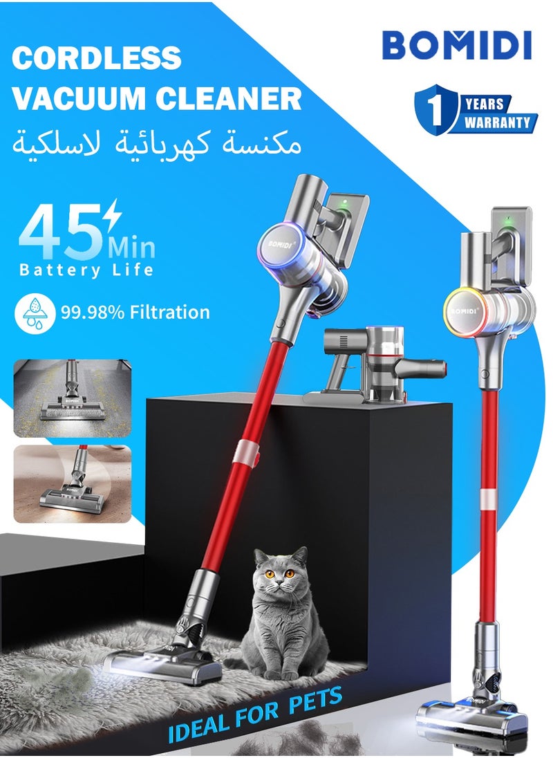 BOMIDI Cordless Stick & Handheld Vacuum Cleaner | RGB Intelligent Lighting | 99.98% Filtration | 45-Min Battery Life | 800mL Transparent Dust Cup | Ultra-Quiet | Powerful Suction | Multi-Surface Brush Heads | WV102-GOLD RED  - Image 2