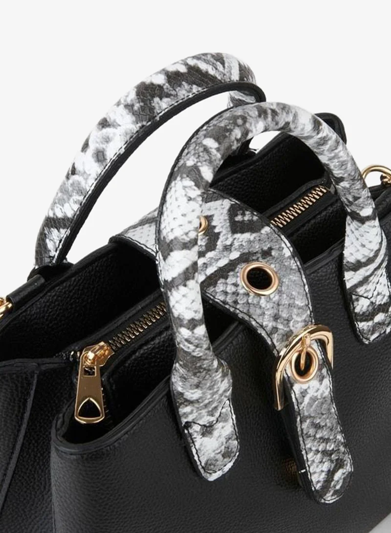 Vivaq Women's Box Black Faux Leather Snake Skin Pattern Strap Snap Zipper Closure Hand and Shoulder Bag.