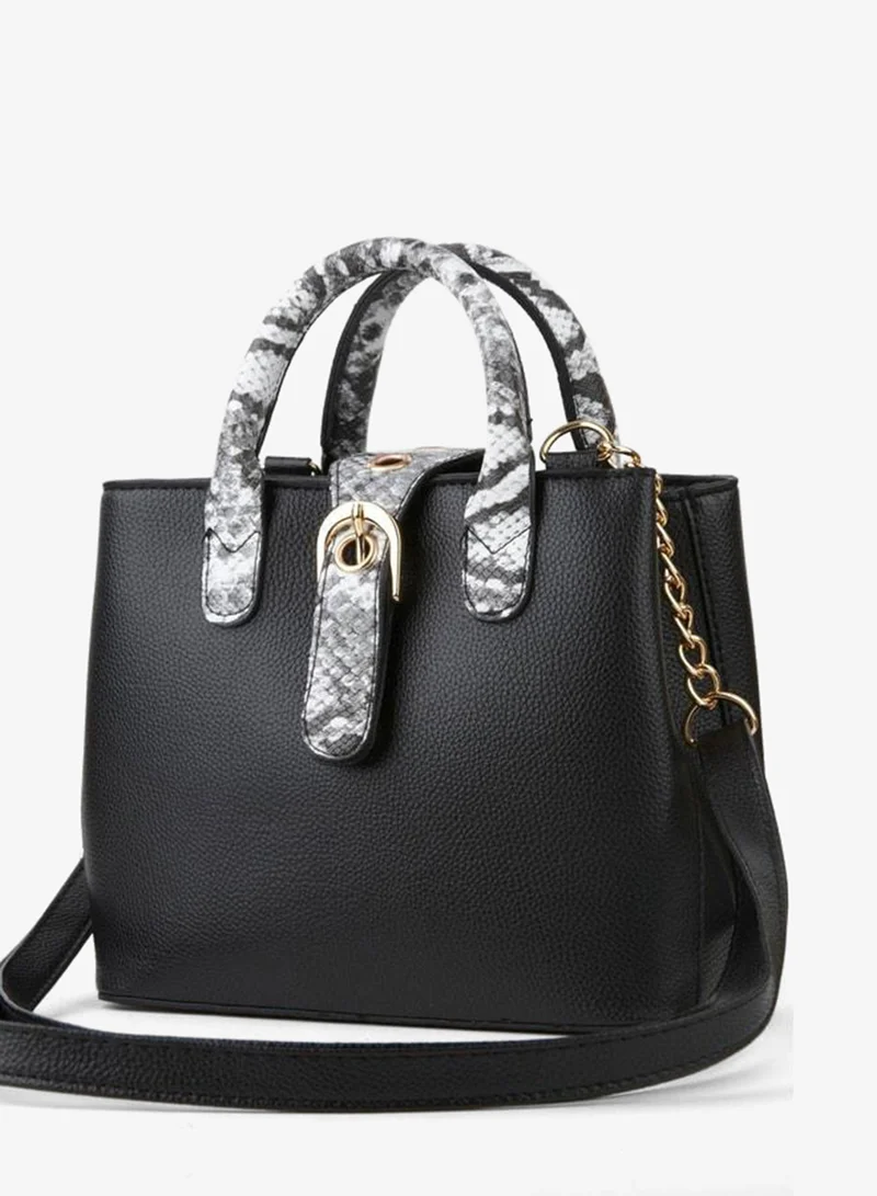 Women's Box Black Faux Leather Snake Skin Pattern Strap Snap Zipper Closure Hand and Shoulder Bag.