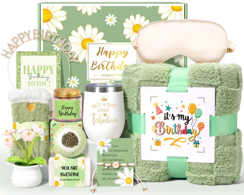 Birthday Gifts for Women 12pcs Happy Birthday Gift Basket for Women Unique Gifts Set Ideas Relaxing Birthday Box w Blanket for Her Mom Best Friends Female Sister Coworker Her Friendship