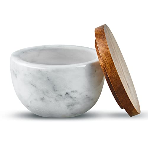 MarcZero Large Salt Box Spice Seasonings Keeper Pepper Container,Marble Base with Wooden Cover,Salt Cellar Big Capacity Elegant Design (White) - Image 1