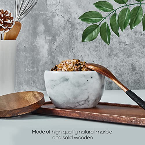 MarcZero Large Salt Box Spice Seasonings Keeper Pepper Container,Marble Base with Wooden Cover,Salt Cellar Big Capacity Elegant Design (White) - Image 4