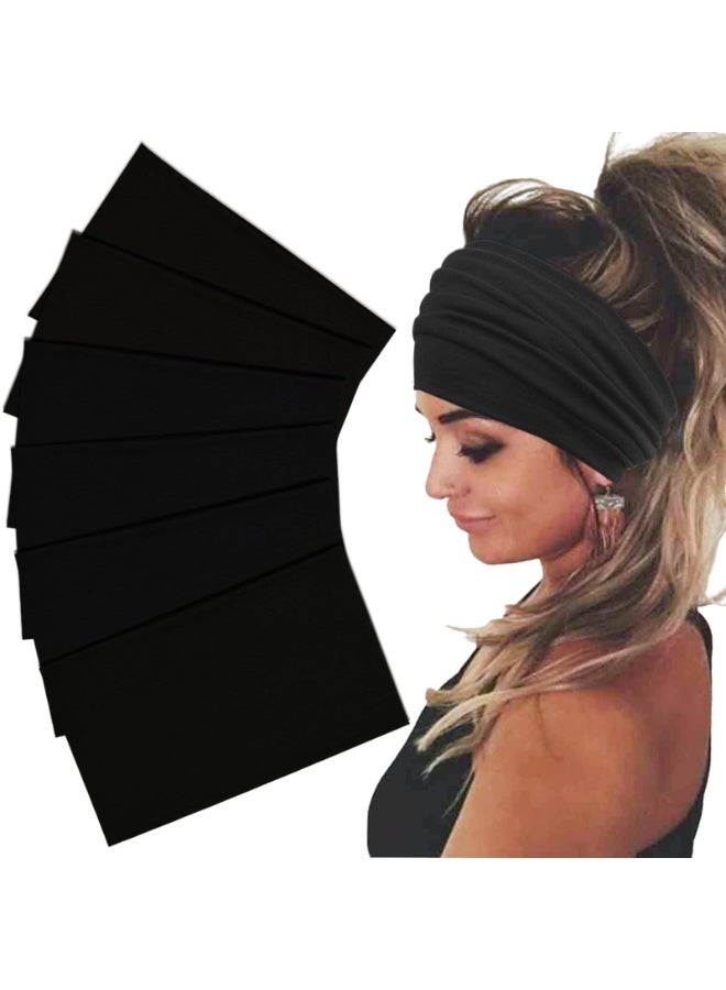 Women's Wide Stretch Headbands, Black, Polyester Spandex, 9.3 x 6 Inch, Boho Turban Hair Bands, 6 Pack - Image 1