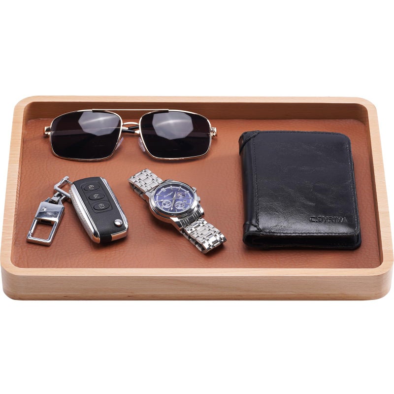 ProCase Wooden Valet Tray for Men Wood CatchAll EDC Organizer Fathers Day Gift Nightstand Entryway Bedside Dump Holder for Wallets Keys Watches Phones Loose Change Trinkets LightBrown - Image 2