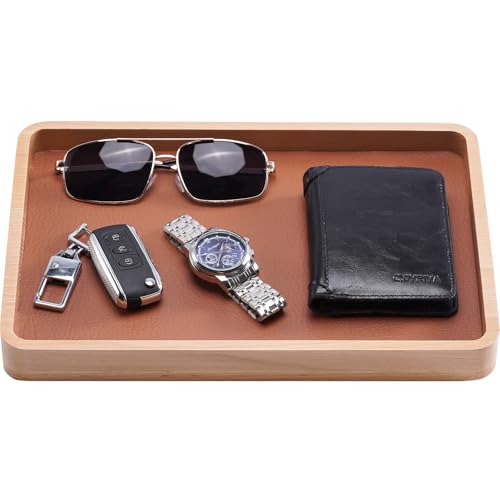 ProCase Wooden Valet Tray for Men Wood CatchAll EDC Organizer Fathers Day Gift Nightstand Entryway Bedside Dump Holder for Wallets Keys Watches Phones Loose Change Trinkets LightBrown - Image 1