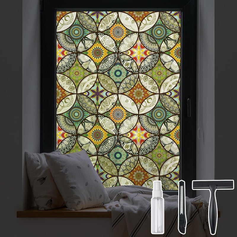 DKTIE Static Cling Decorative Window Film with Installation Tools Non Adhesive Privacy Film, Stained Glass Window Film for Bathroom Shower Door Heat Cotrol Anti UV, 17.7 x 78.7 Inch - Image 1