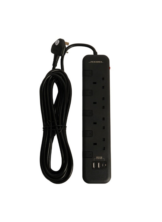 Jeebel SASO-certified power extension with high operating capacity of 2990W, four independent UK outlets with USB and Type-C ports, advanced safety system with overload protection, 5-meter cable - Image 2