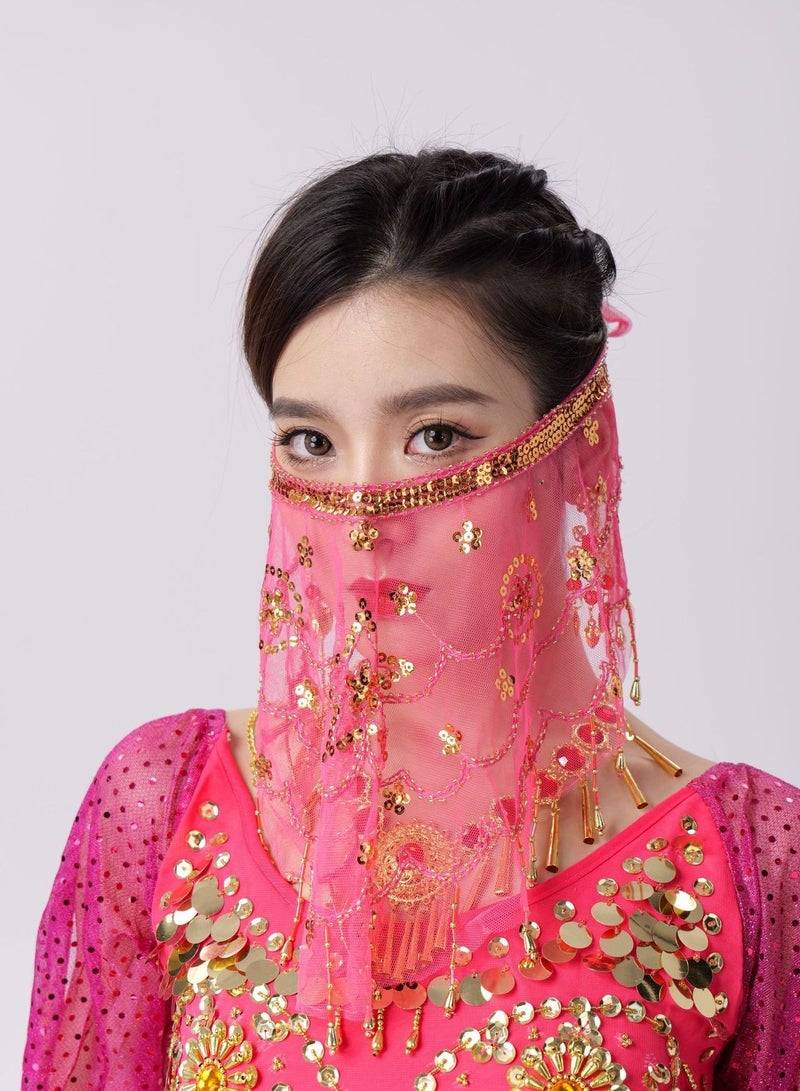 إسكدنيا Womens Belly Dance Sequin Face Veil Rose Pink 