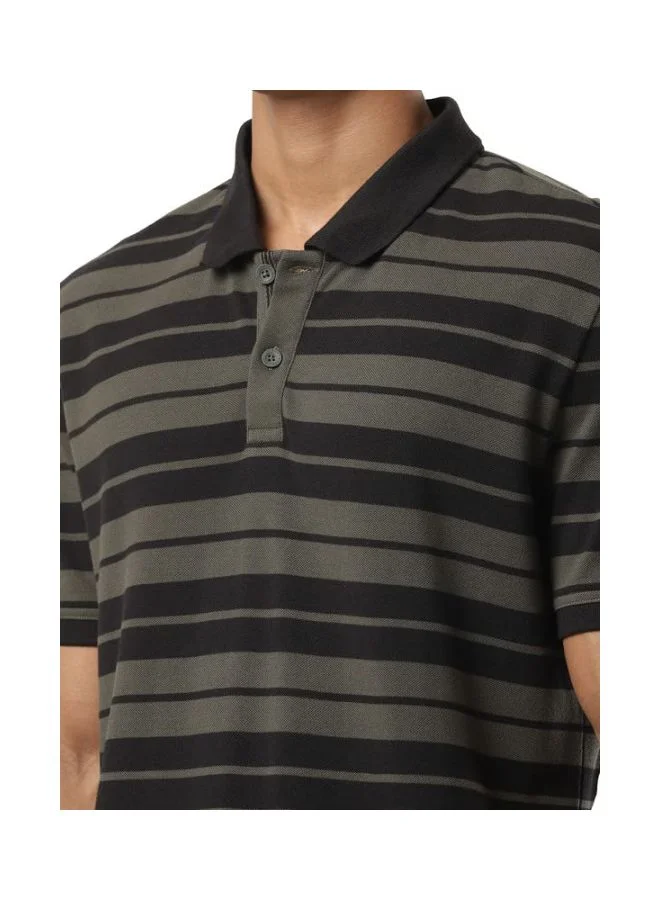 Jockey Black & Dark Olive US93 Men Super Combed Cotton Rich Striped Polo T Shirt for Men | Best Price UAE