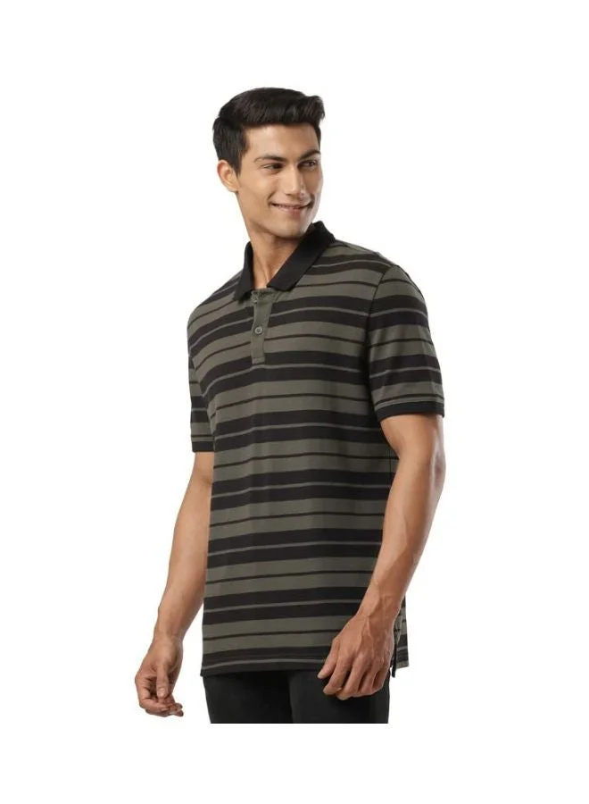 Jockey Black & Dark Olive US93 Men Super Combed Cotton Rich Striped Polo T Shirt for Men | Best Price UAE