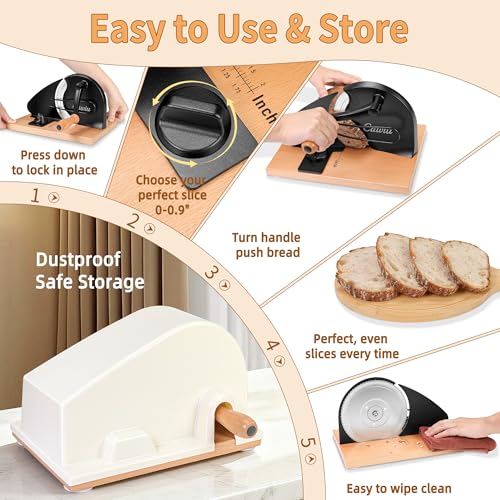 CAWIU Upgraded Manual Bread Slicer for Homemade Sourdough Bread - Adjustable Thickness Bread Cutter with Hand Crank, Suction Cups, Slicing Guide, Scale Line & Cover, for Perfect Even Slices (Black) - Image 5