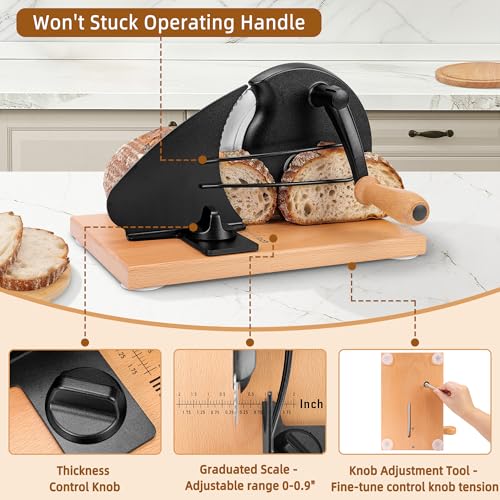 CAWIU Upgraded Manual Bread Slicer for Homemade Sourdough Bread - Adjustable Thickness Bread Cutter with Hand Crank, Suction Cups, Slicing Guide, Scale Line & Cover, for Perfect Even Slices (Black) - Image 3