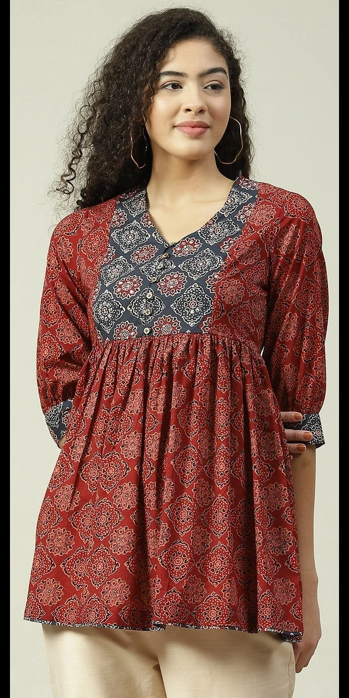 Biba Rust Cotton Flared Printed Short Kurti