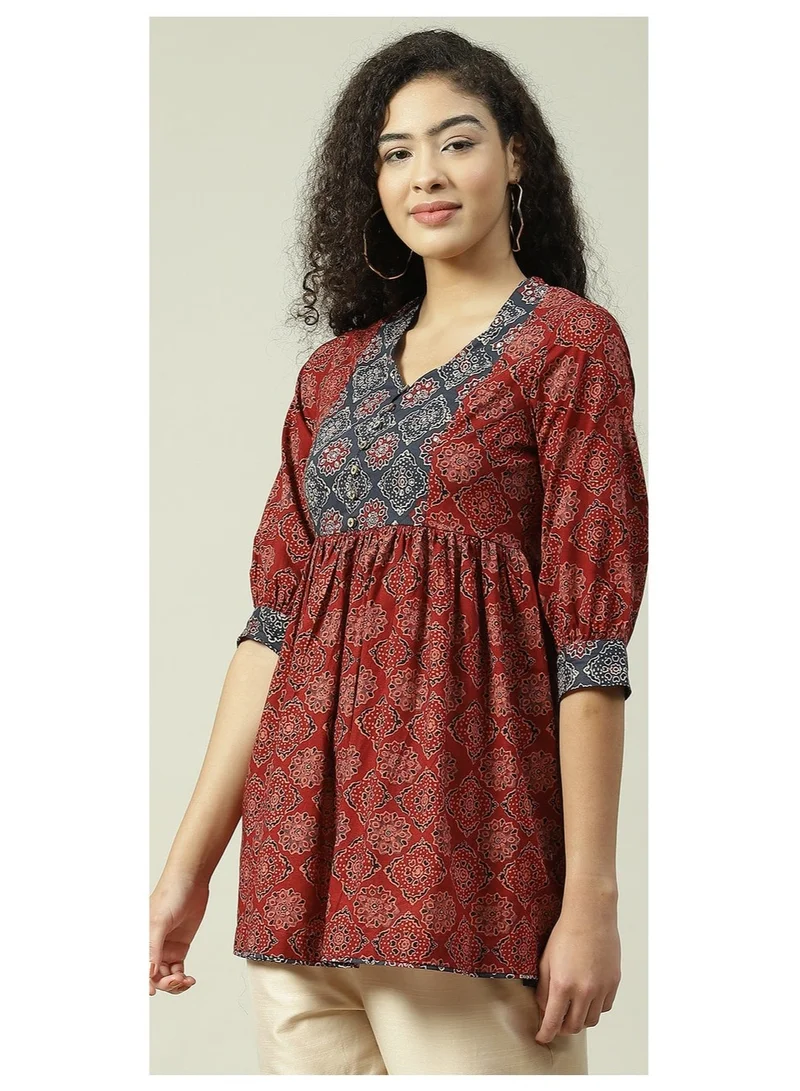 Biba Rust Rust Cotton Flared Printed Short Kurti for Women | Best Price UAE