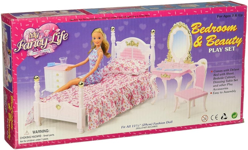 My Fancy Life Dollhouse Furniture Set, Bedroom and Beauty Play Set, White and Pink with Floral Bedding