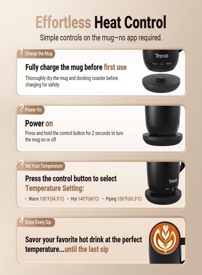 Tronco Temperature Control Heated Coffee Mug 14 oz - Rechargeable Self-Heating Coffee Cup with Lid - Manual Control, 3 Modes, 130 Min Battery Life, Auto Shut-Off (Rose) - Image 3
