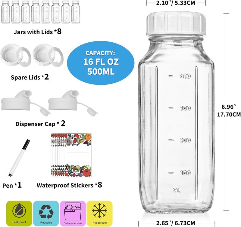 Syntic 8 Pack 16 Oz Reusable Glass Milk Bottles w 100% Airtight Heavy Duty SCREW Lid & 2 Pour Spouts - Glass Juice Bottles w Capacity Mark - Beverage Drinking Jar Juice Container Breast Milk(Extra 2 Lids) - Image 4
