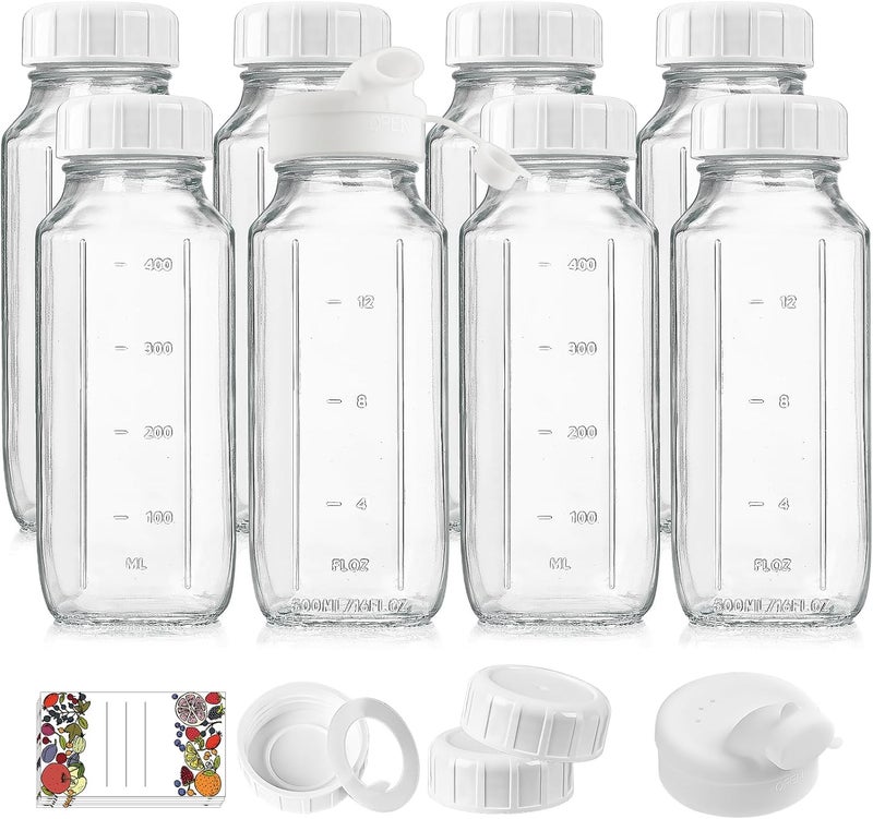 Syntic 8 Pack 16 Oz Reusable Glass Milk Bottles w 100% Airtight Heavy Duty SCREW Lid & 2 Pour Spouts - Glass Juice Bottles w Capacity Mark - Beverage Drinking Jar Juice Container Breast Milk(Extra 2 Lids) - Image 1