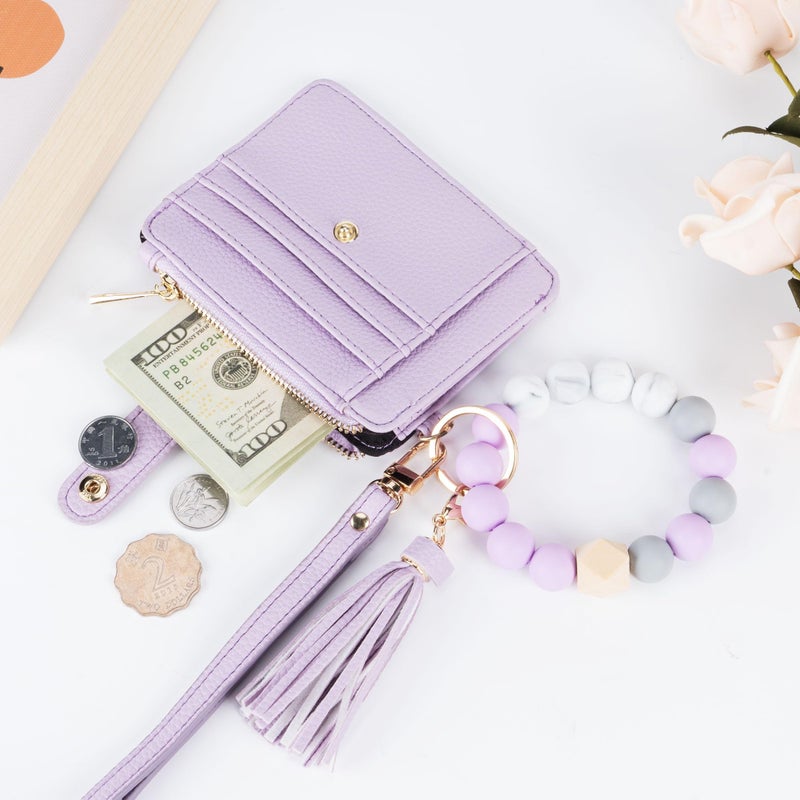 Airkit Wristlet Wallets for Women, Keychain RFID Blocking Credit Card Holder, Small Girly Wallet with Bracelet, Silicone Beaded Tassel Key Ring Card Holder, Purple - Image 3