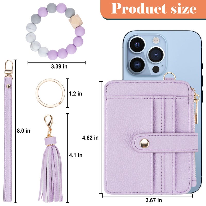 Airkit Wristlet Wallets for Women, Keychain RFID Blocking Credit Card Holder, Small Girly Wallet with Bracelet, Silicone Beaded Tassel Key Ring Card Holder, Purple - Image 2