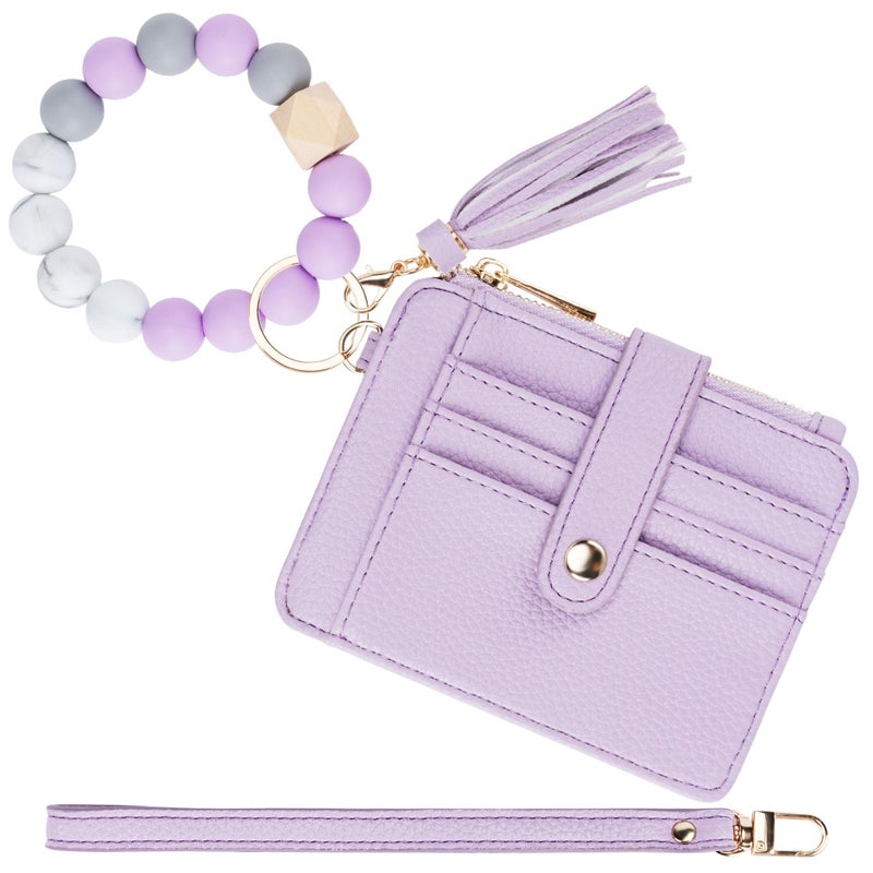 Airkit Wristlet Wallets for Women, Keychain RFID Blocking Credit Card Holder, Small Girly Wallet with Bracelet, Silicone Beaded Tassel Key Ring Card Holder, Purple - Image 1