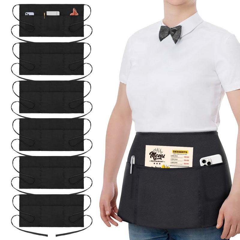 Will Well 6 Pack Waist Apron - Server Aprons with 3 Pockets - Water & Oil Resistant Waitress Apron with Pockets - Black Aprons for Servers - Half Aprons for Women with Pockets - 12 Inch Server Apron with Pocket - Image 1