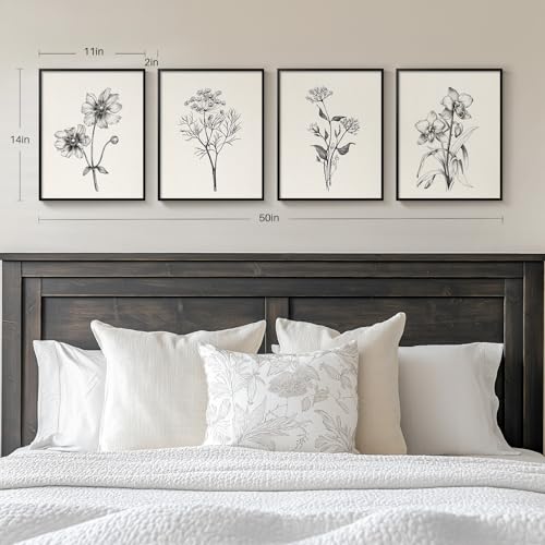 Cuspin Framed Black and White Floral Wall Art for Bedroom 4 Piece Vintage Botanical Canvas Paintings Artwork for Modern Farmhouse Minimalist Flower Pictures for Living Room Kitchen Bathroom Wall Decor - Image 1