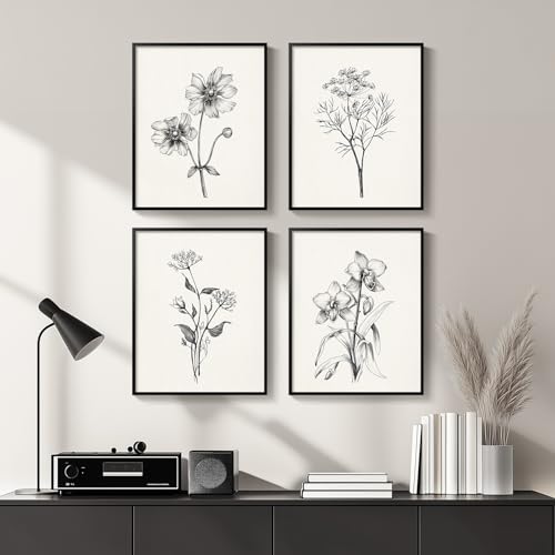 Cuspin Framed Black and White Floral Wall Art for Bedroom 4 Piece Vintage Botanical Canvas Paintings Artwork for Modern Farmhouse Minimalist Flower Pictures for Living Room Kitchen Bathroom Wall Decor - Image 3