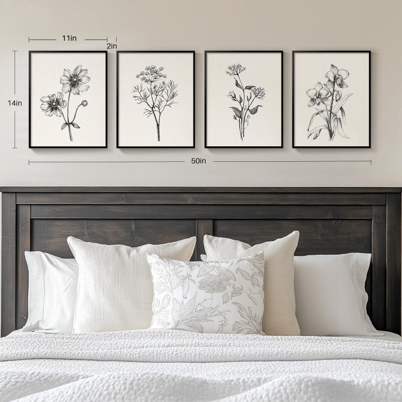Cuspin Framed Black and White Floral Wall Art for Bedroom 4 Piece Vintage Botanical Canvas Paintings Artwork for Modern Farmhouse Minimalist Flower Pictures for Living Room Kitchen Bathroom Wall Decor - Image 2