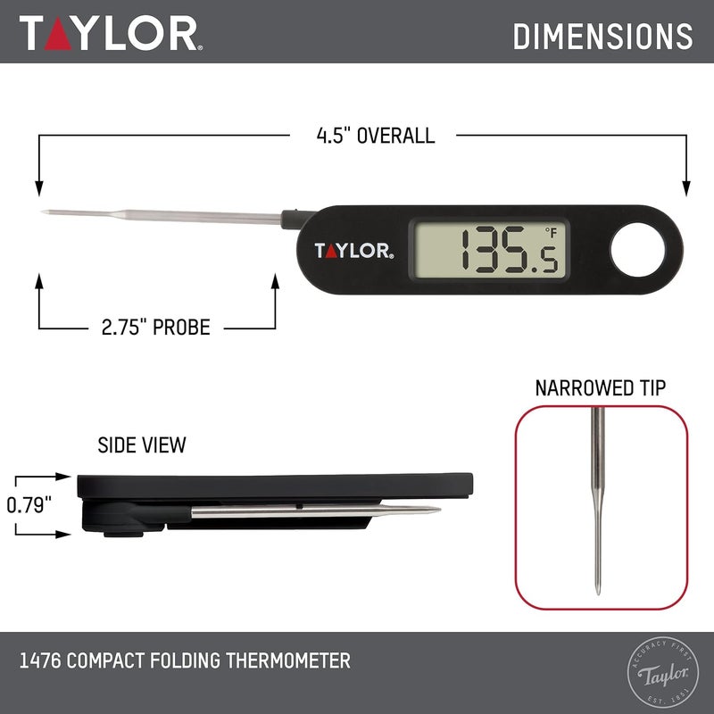 Taylor 1476 Instant Read Digital Meat Food Grill BBQ Cooking Kitchen Thermometer, Tailgating and Grilling Compact Folding Probe, Black - Image 3
